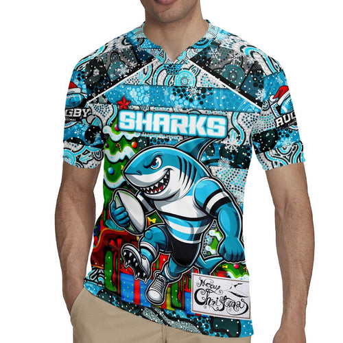 Custom Sharks Rugby Merry Christmas Rugby Jersey Indigenous Australian Art