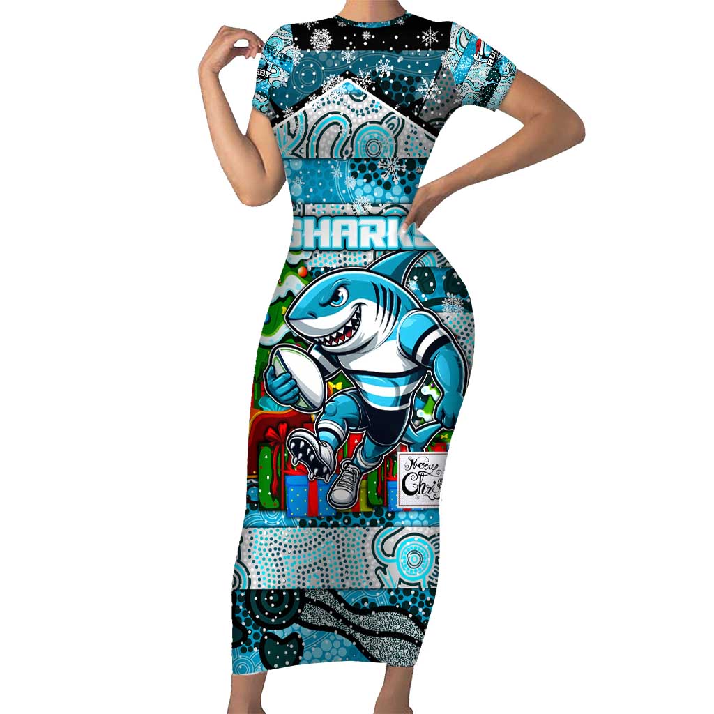 Custom Sharks Rugby Merry Christmas Short Sleeve Bodycon Dress Indigenous Australian Art