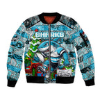 Custom Sharks Rugby Merry Christmas Sleeve Zip Bomber Jacket Indigenous Australian Art