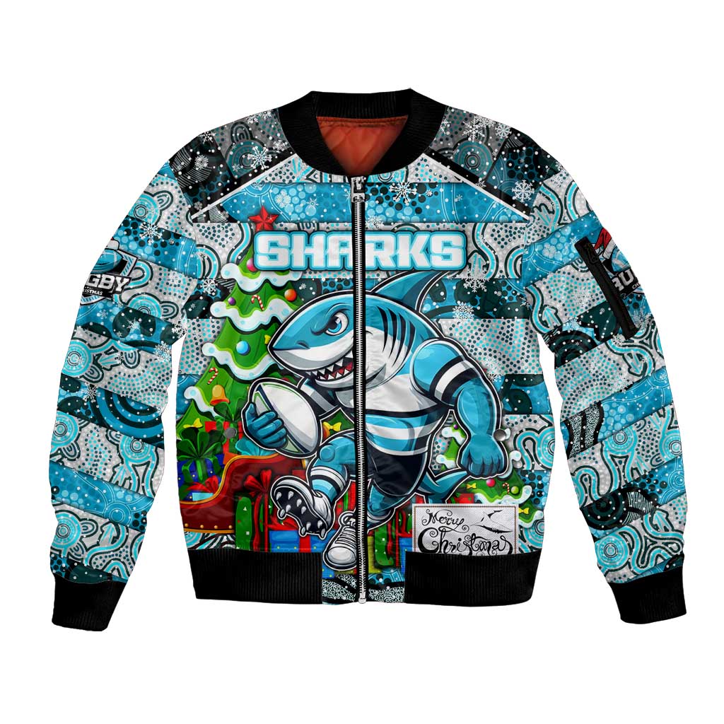 Custom Sharks Rugby Merry Christmas Sleeve Zip Bomber Jacket Indigenous Australian Art