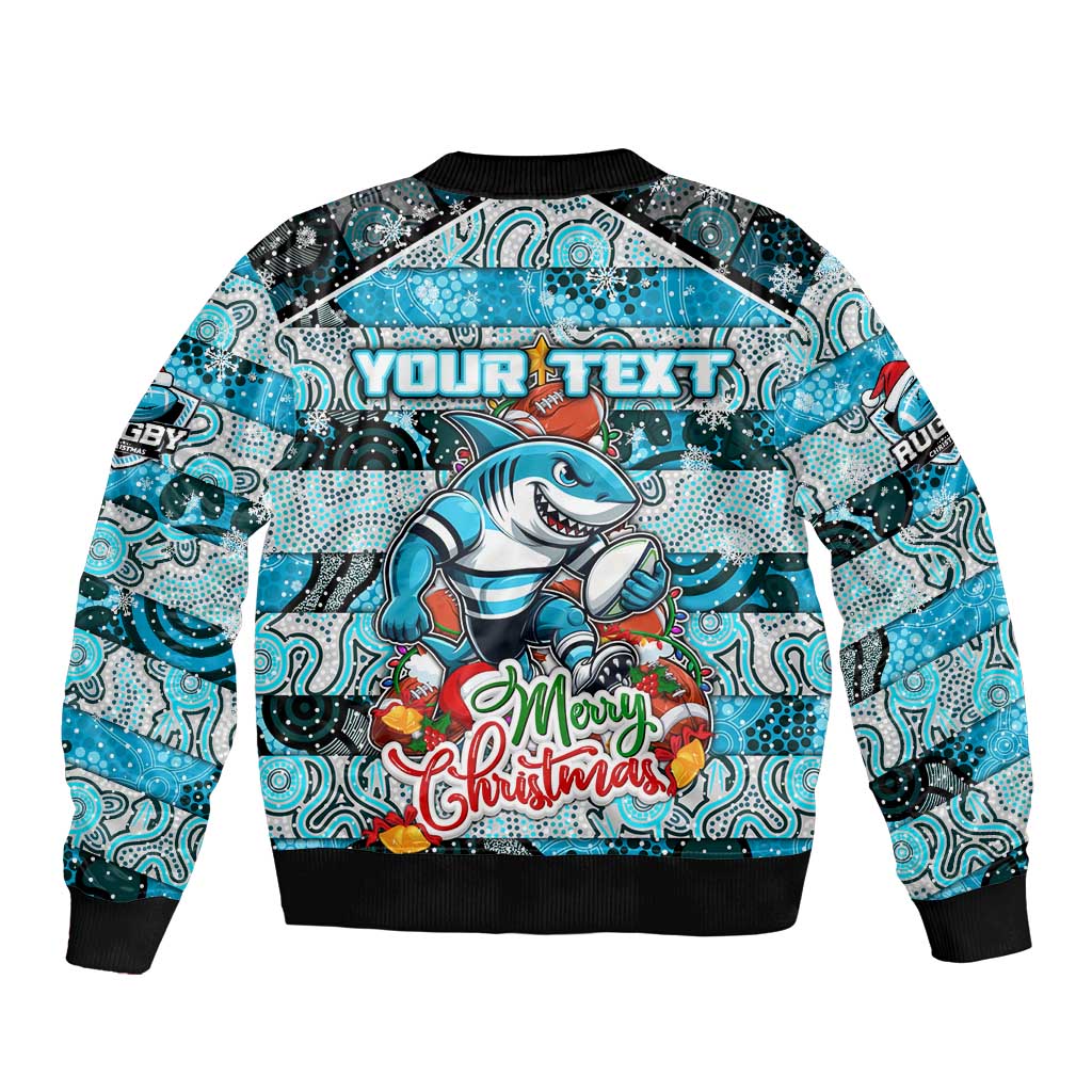 Custom Sharks Rugby Merry Christmas Sleeve Zip Bomber Jacket Indigenous Australian Art