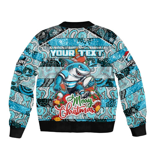 Custom Sharks Rugby Merry Christmas Sleeve Zip Bomber Jacket Indigenous Australian Art