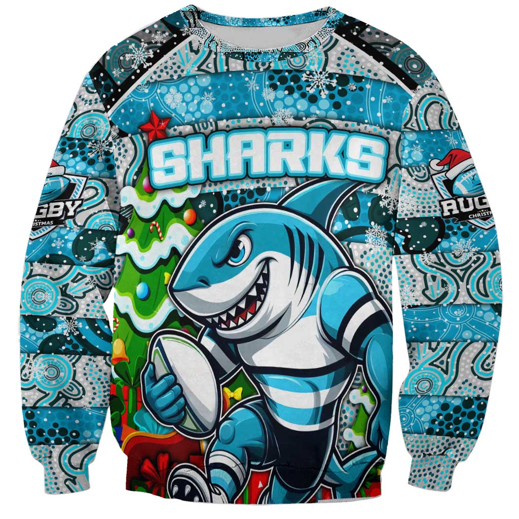 Custom Sharks Rugby Merry Christmas Sweatshirt Indigenous Australian Art