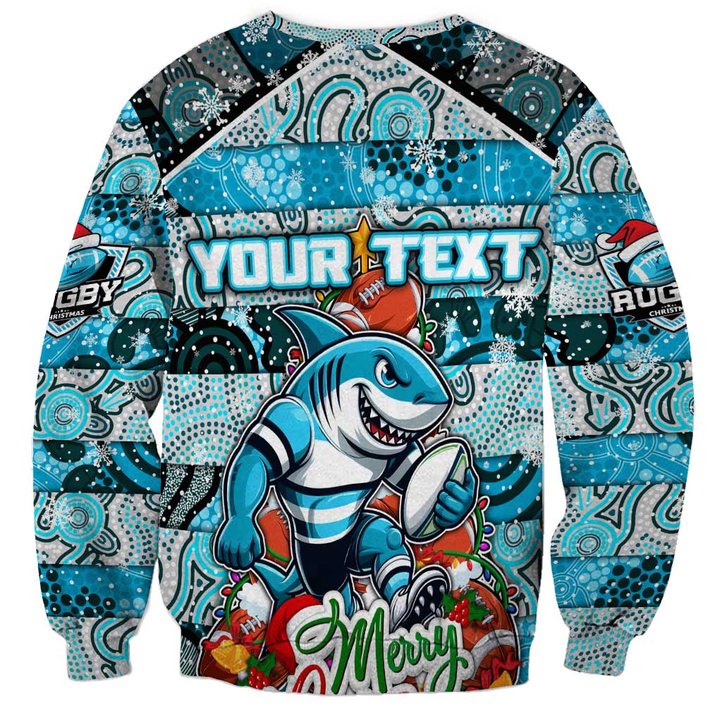 Custom Sharks Rugby Merry Christmas Sweatshirt Indigenous Australian Art