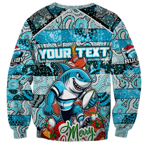 Custom Sharks Rugby Merry Christmas Sweatshirt Indigenous Australian Art