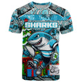 Custom Sharks Rugby Merry Christmas T Shirt Indigenous Australian Art
