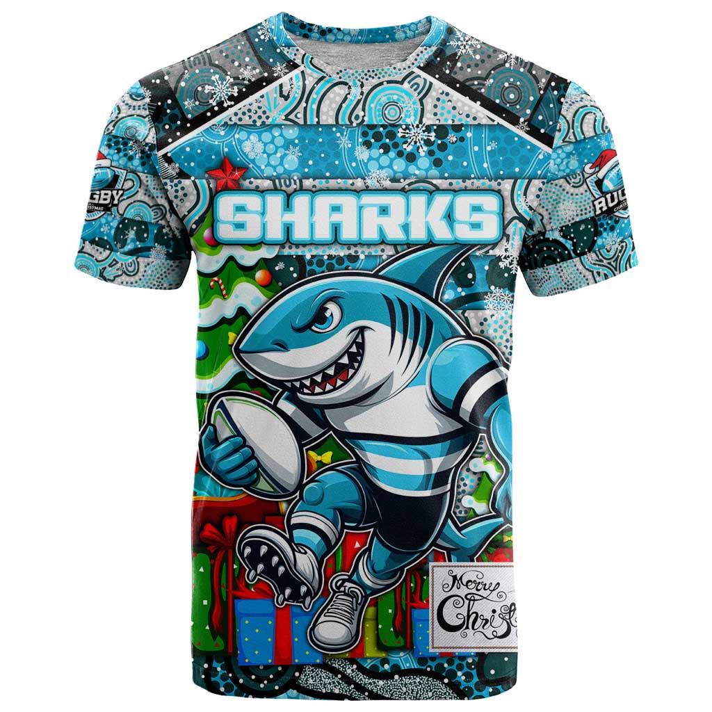 Custom Sharks Rugby Merry Christmas T Shirt Indigenous Australian Art