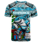 Custom Sharks Rugby Merry Christmas T Shirt Indigenous Australian Art