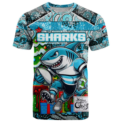 Custom Sharks Rugby Merry Christmas T Shirt Indigenous Australian Art