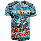 Custom Sharks Rugby Merry Christmas T Shirt Indigenous Australian Art