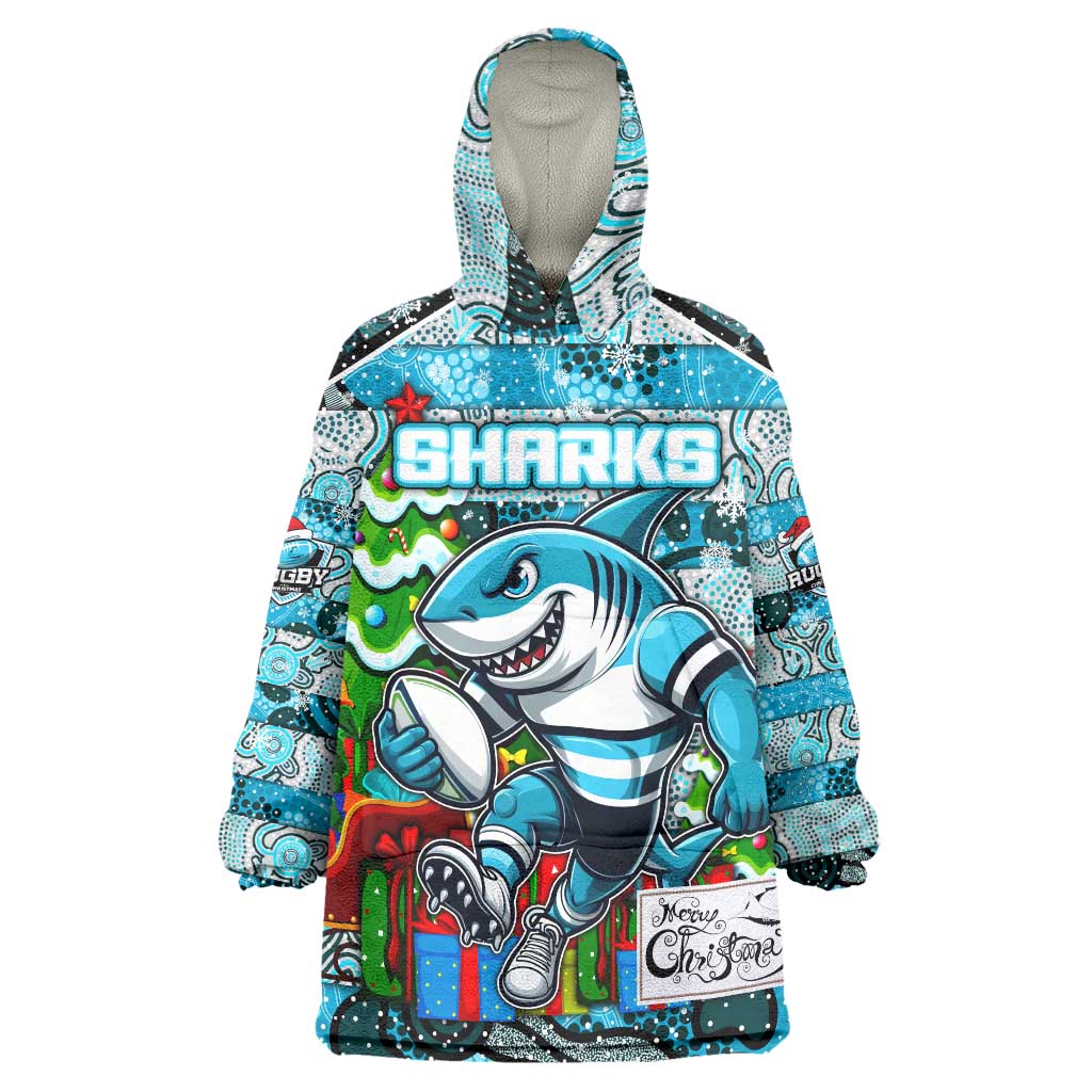 Custom Sharks Rugby Merry Christmas Wearable Blanket Hoodie Indigenous Australian Art