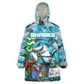 Custom Sharks Rugby Merry Christmas Wearable Blanket Hoodie Indigenous Australian Art