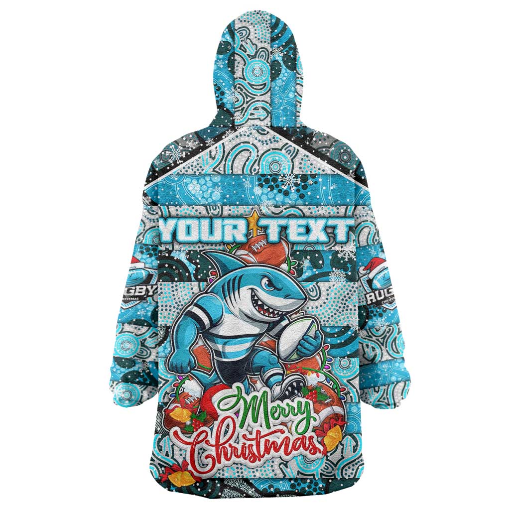 Custom Sharks Rugby Merry Christmas Wearable Blanket Hoodie Indigenous Australian Art