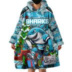 Custom Sharks Rugby Merry Christmas Wearable Blanket Hoodie Indigenous Australian Art
