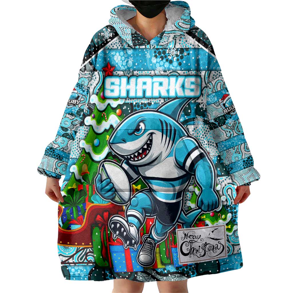 Custom Sharks Rugby Merry Christmas Wearable Blanket Hoodie Indigenous Australian Art