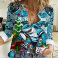 Custom Sharks Rugby Merry Christmas Women Casual Shirt Indigenous Australian Art