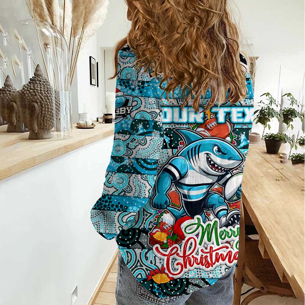 Custom Sharks Rugby Merry Christmas Women Casual Shirt Indigenous Australian Art