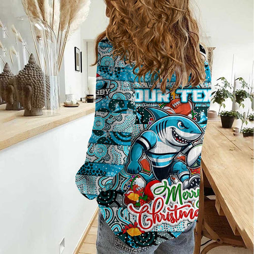 Custom Sharks Rugby Merry Christmas Women Casual Shirt Indigenous Australian Art
