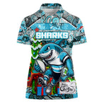 Custom Sharks Rugby Merry Christmas Women Polo Shirt Indigenous Australian Art