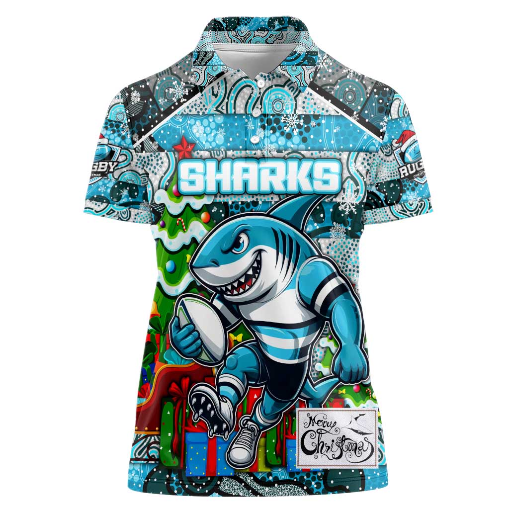 Custom Sharks Rugby Merry Christmas Women Polo Shirt Indigenous Australian Art