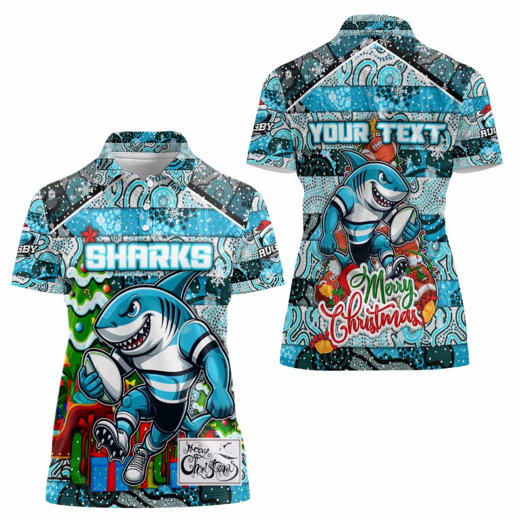 Custom Sharks Rugby Merry Christmas Women Polo Shirt Indigenous Australian Art