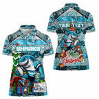 Custom Sharks Rugby Merry Christmas Women Polo Shirt Indigenous Australian Art