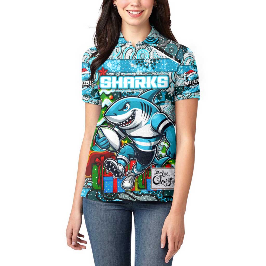 Custom Sharks Rugby Merry Christmas Women Polo Shirt Indigenous Australian Art