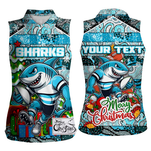 Custom Sharks Rugby Merry Christmas Women Sleeveless Polo Shirt Indigenous Australian Art