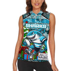 Custom Sharks Rugby Merry Christmas Women Sleeveless Polo Shirt Indigenous Australian Art