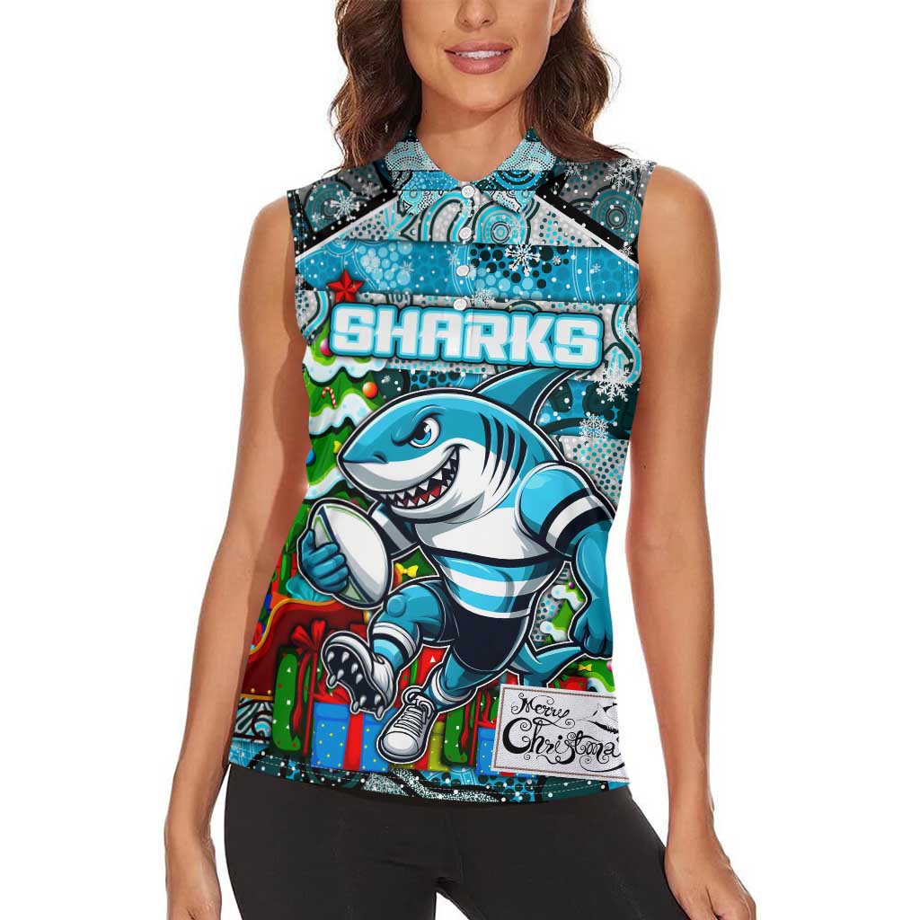 Custom Sharks Rugby Merry Christmas Women Sleeveless Polo Shirt Indigenous Australian Art