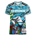 Custom Sharks Rugby Merry Christmas Women V-Neck T-Shirt Indigenous Australian Art