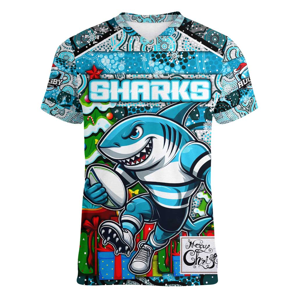 Custom Sharks Rugby Merry Christmas Women V-Neck T-Shirt Indigenous Australian Art