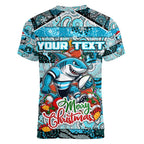 Custom Sharks Rugby Merry Christmas Women V-Neck T-Shirt Indigenous Australian Art