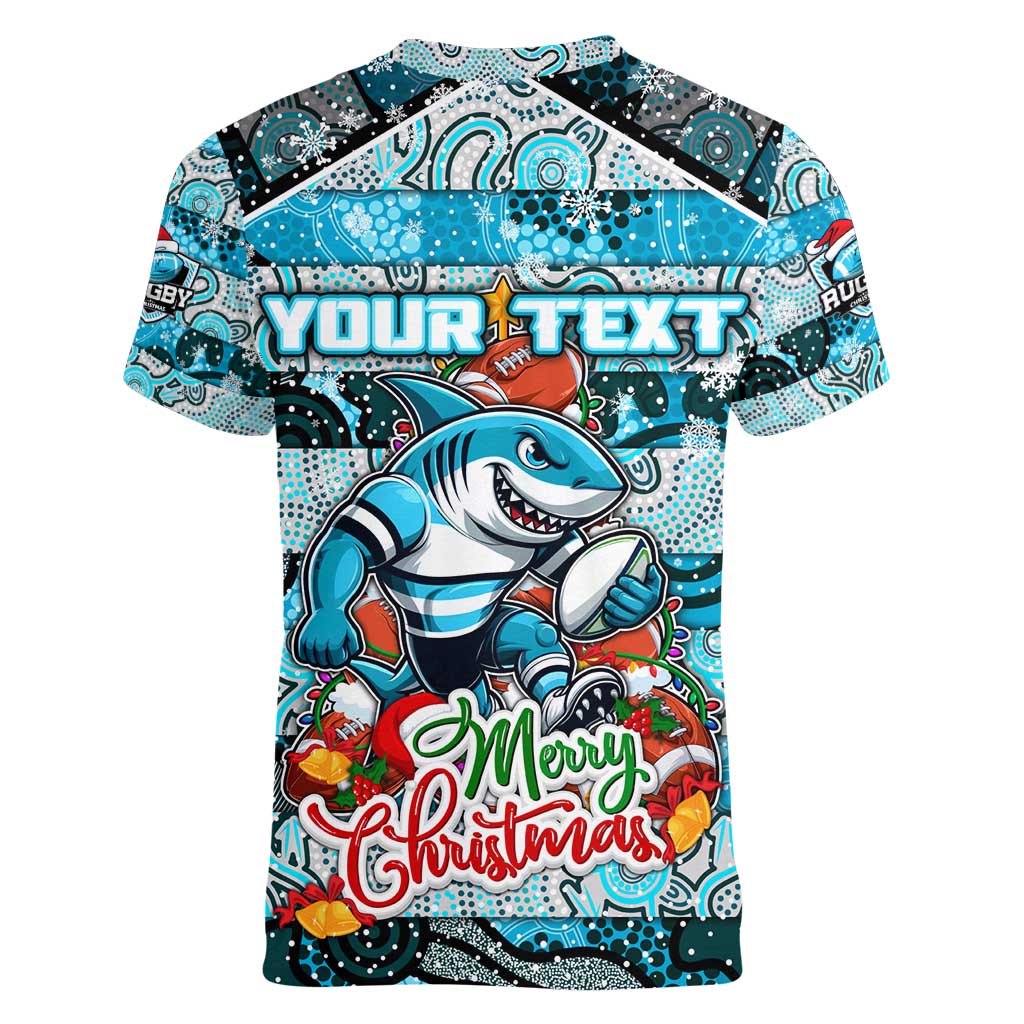 Custom Sharks Rugby Merry Christmas Women V-Neck T-Shirt Indigenous Australian Art