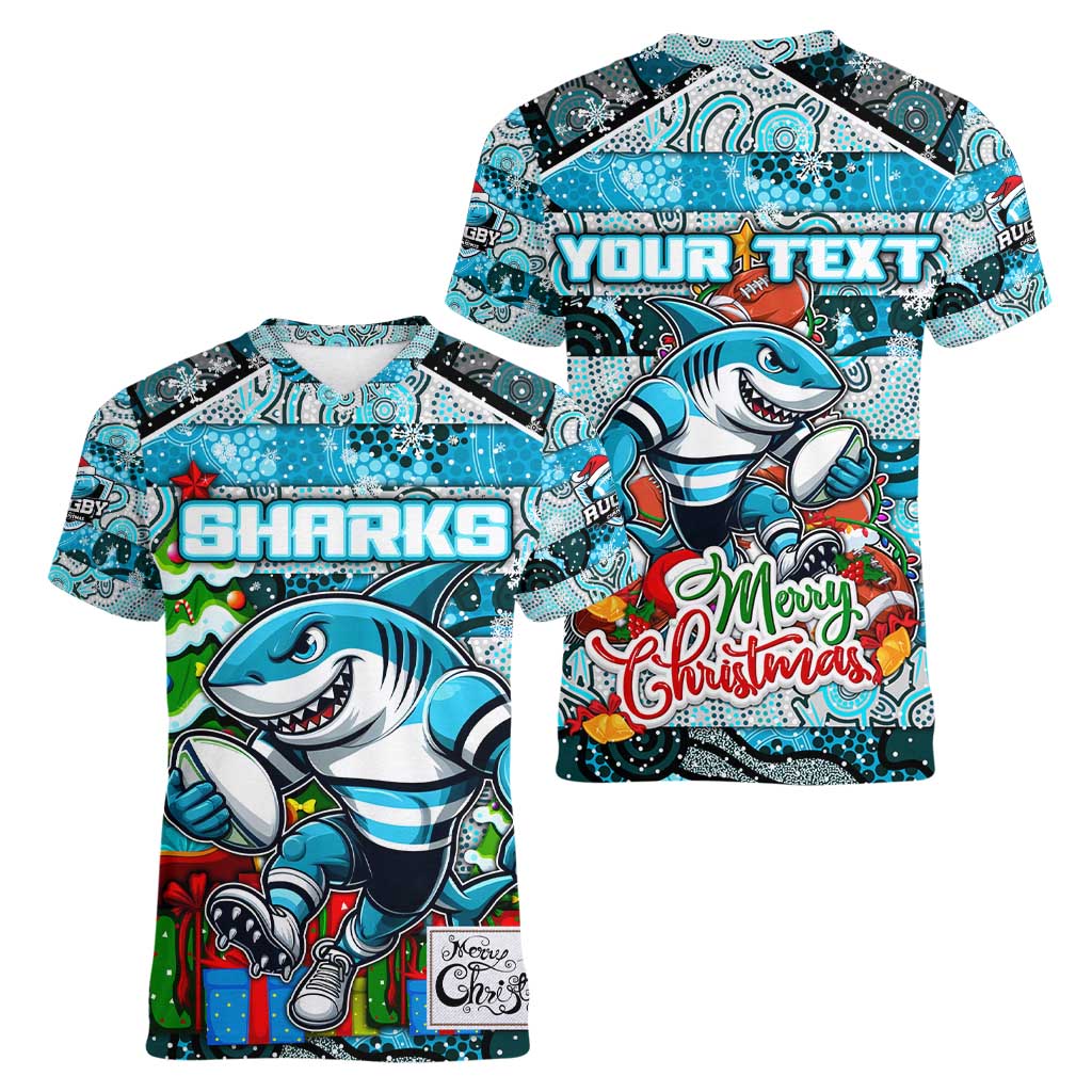 Custom Sharks Rugby Merry Christmas Women V-Neck T-Shirt Indigenous Australian Art