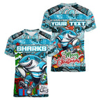 Custom Sharks Rugby Merry Christmas Women V-Neck T-Shirt Indigenous Australian Art