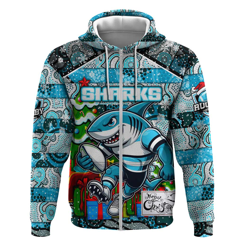 Custom Sharks Rugby Merry Christmas Zip Hoodie Indigenous Australian Art