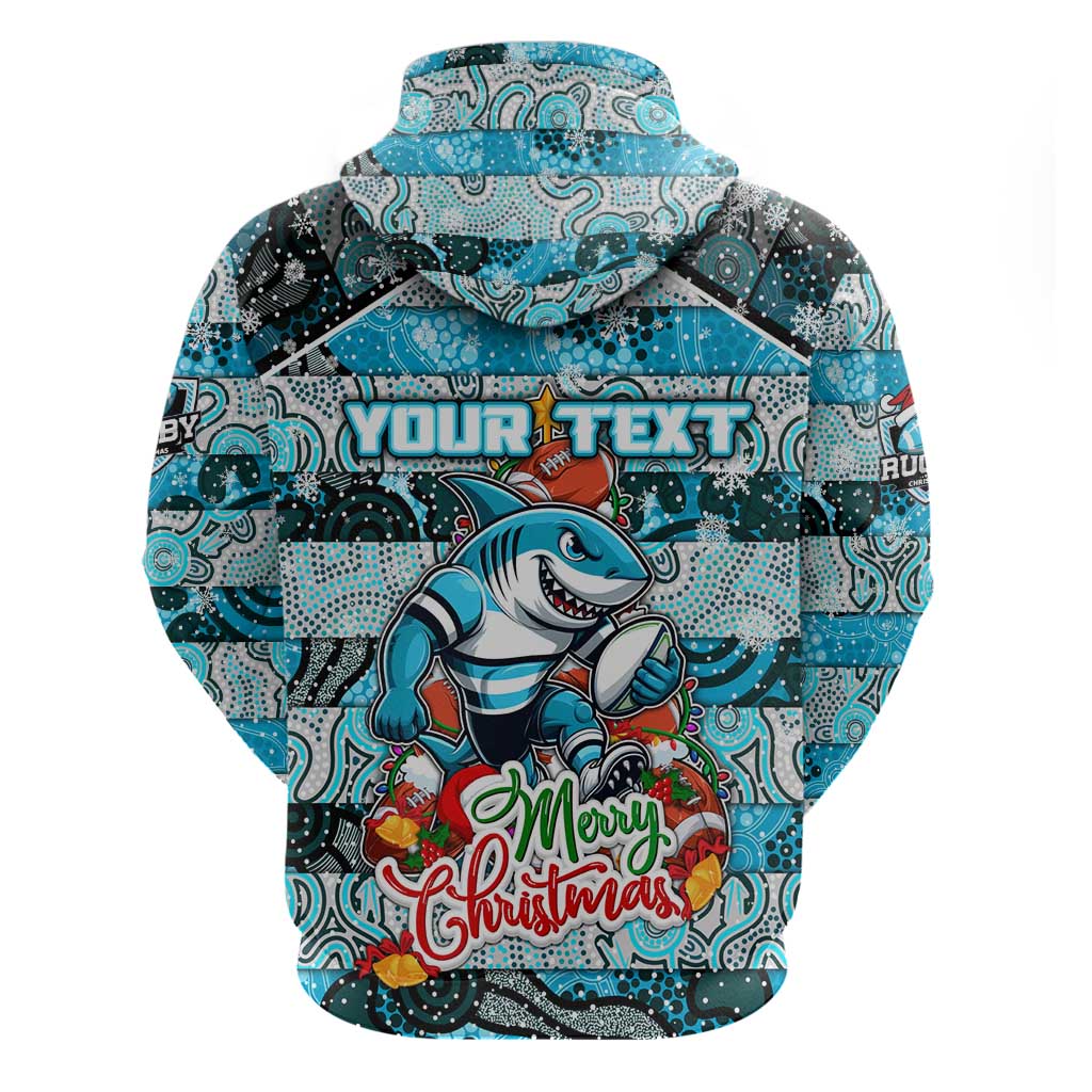 Custom Sharks Rugby Merry Christmas Zip Hoodie Indigenous Australian Art