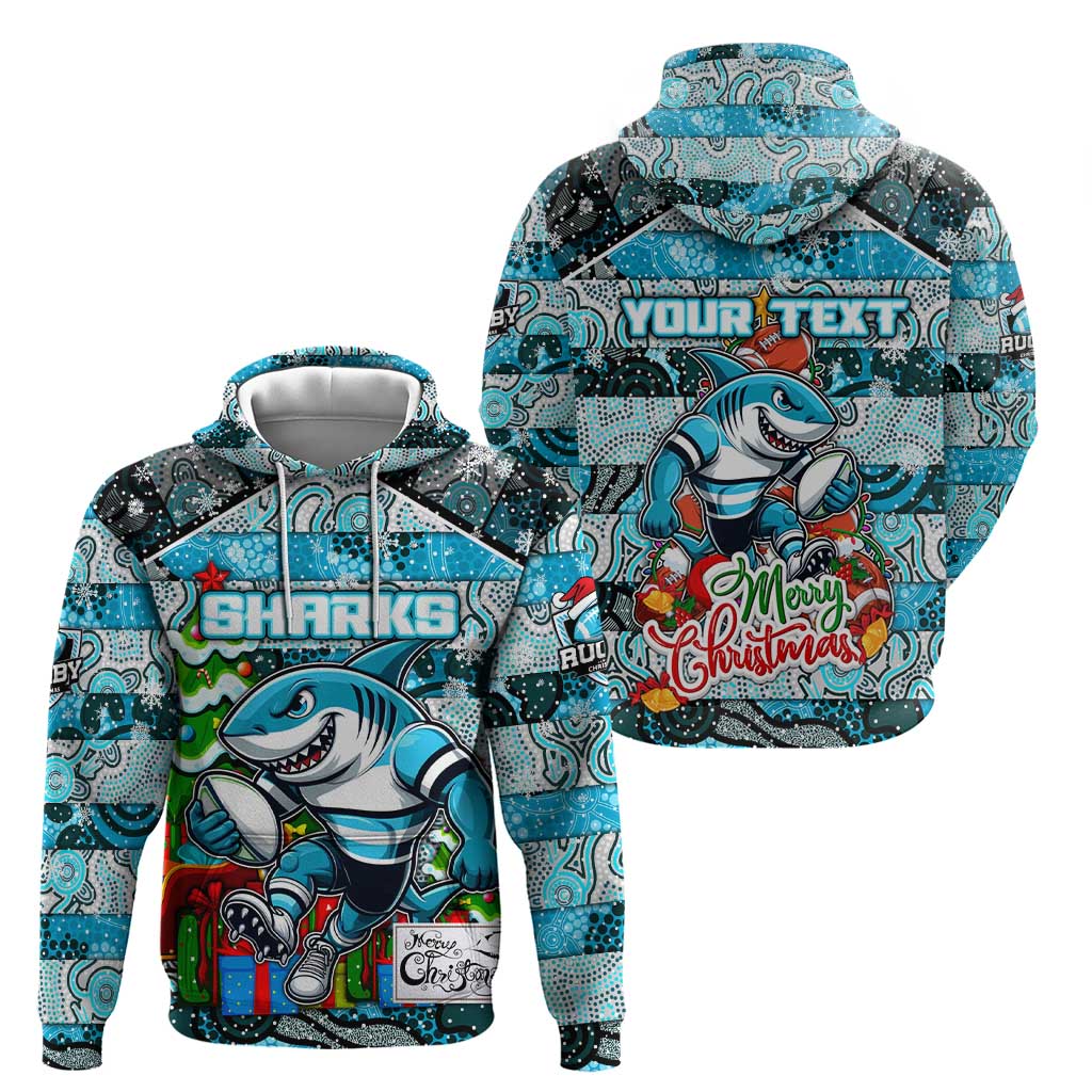 Custom Sharks Rugby Merry Christmas Zip Hoodie Indigenous Australian Art