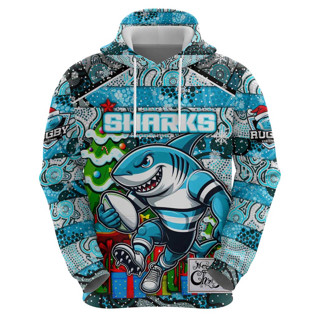 Custom Sharks Rugby Merry Christmas Zip Hoodie Indigenous Australian Art