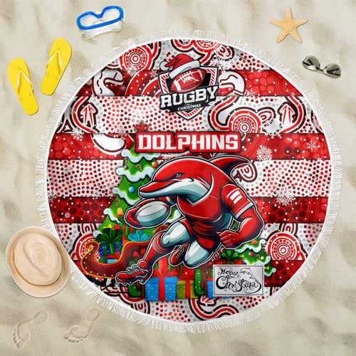 Dolphins Rugby Merry Christmas Beach Blanket Indigenous Australian Art