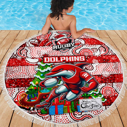 Dolphins Rugby Merry Christmas Beach Blanket Indigenous Australian Art