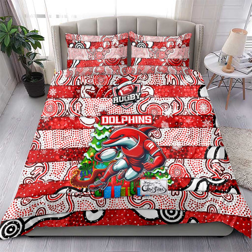 Dolphins Rugby Merry Christmas Bedding Set Indigenous Australian Art