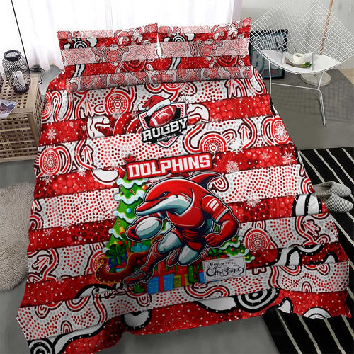Dolphins Rugby Merry Christmas Bedding Set Indigenous Australian Art