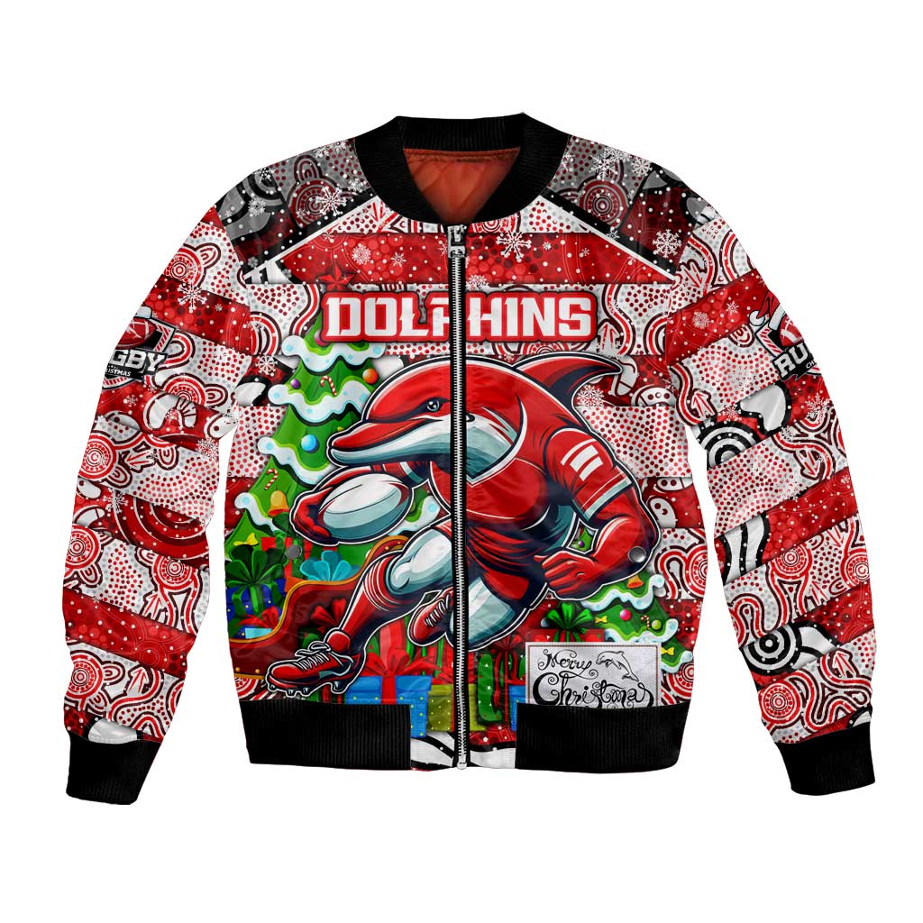 Custom Dolphins Rugby Merry Christmas Bomber Jacket Indigenous Australian Art