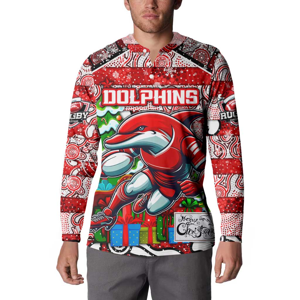 Custom Dolphins Rugby Merry Christmas Button Sweatshirt Indigenous Australian Art