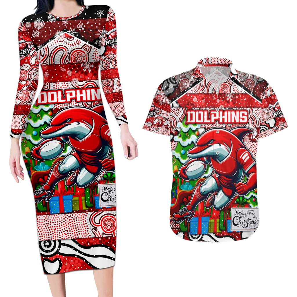 Custom Dolphins Rugby Merry Christmas Couples Matching Long Sleeve Bodycon Dress and Hawaiian Shirt Indigenous Australian Art