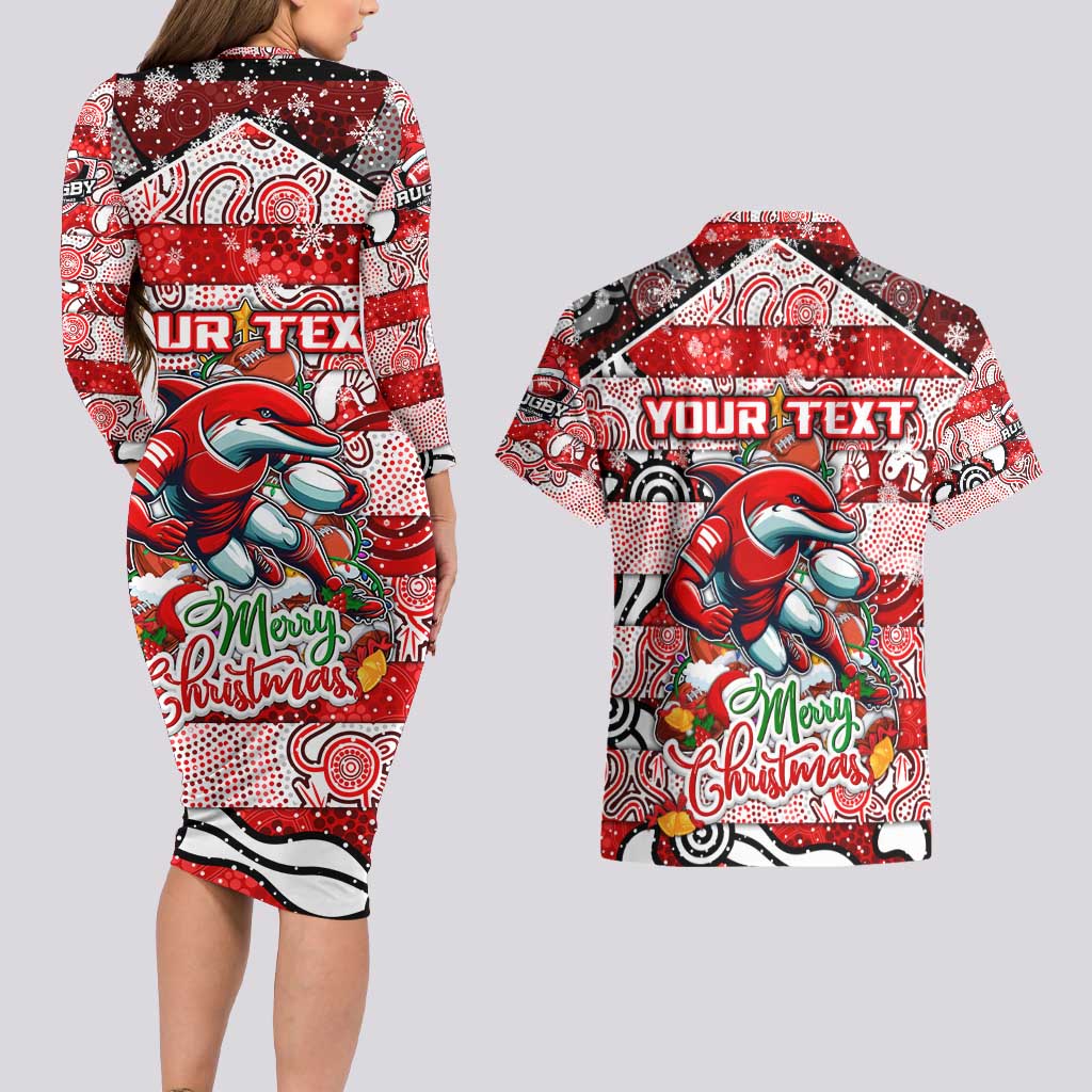 Custom Dolphins Rugby Merry Christmas Couples Matching Long Sleeve Bodycon Dress and Hawaiian Shirt Indigenous Australian Art