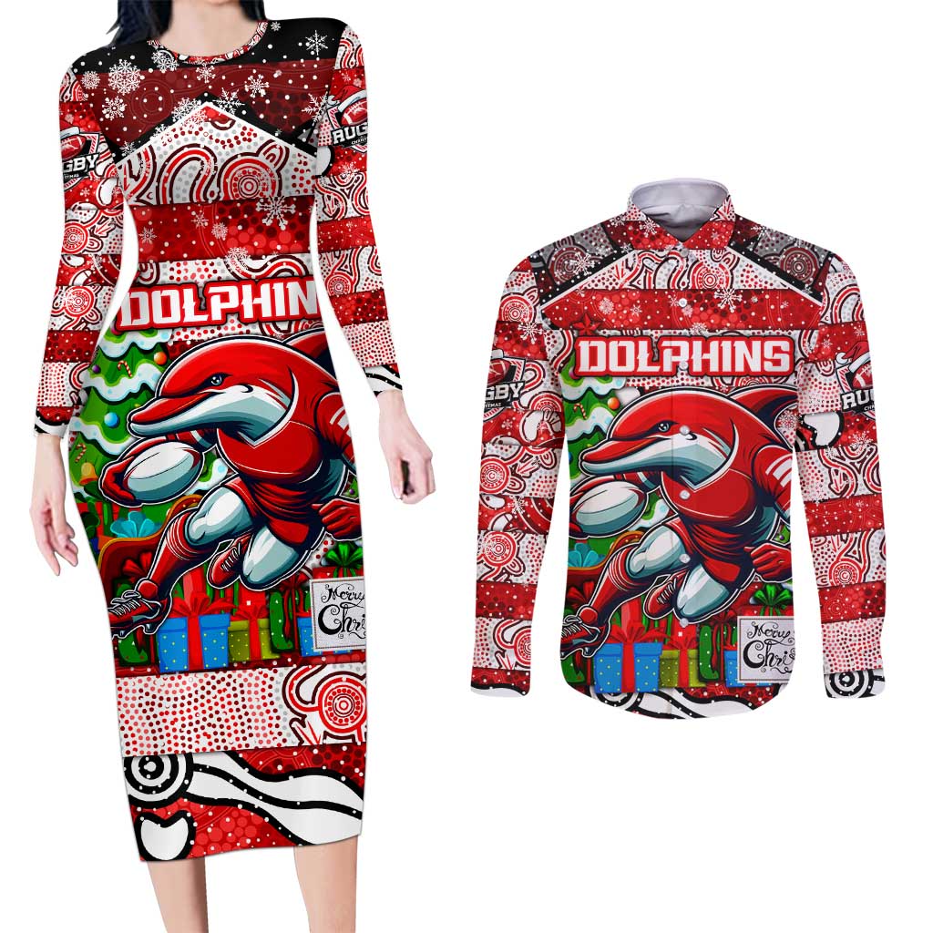 Custom Dolphins Rugby Merry Christmas Couples Matching Long Sleeve Bodycon Dress and Long Sleeve Button Shirt Indigenous Australian Art