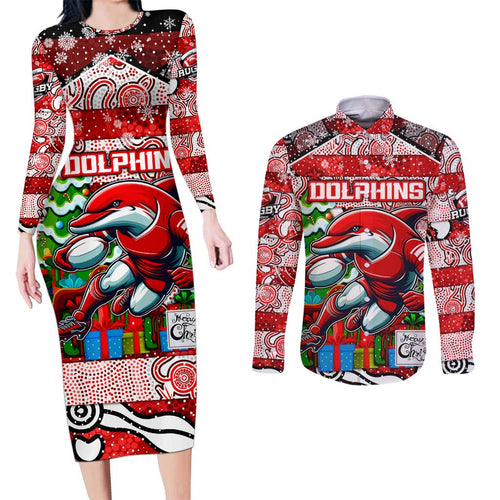 Custom Dolphins Rugby Merry Christmas Couples Matching Long Sleeve Bodycon Dress and Long Sleeve Button Shirt Indigenous Australian Art